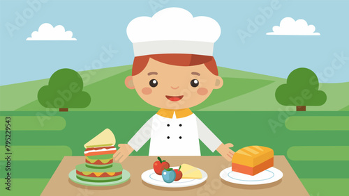 A little boy in a chefs hat and apron carefully arranging sandwiches and snacks on a tray to surprise his family with a backyard picnic he