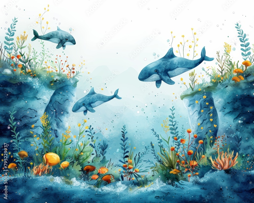 Fototapeta premium A watercolor painting of a pod of dolphins swimming in a coral reef.
