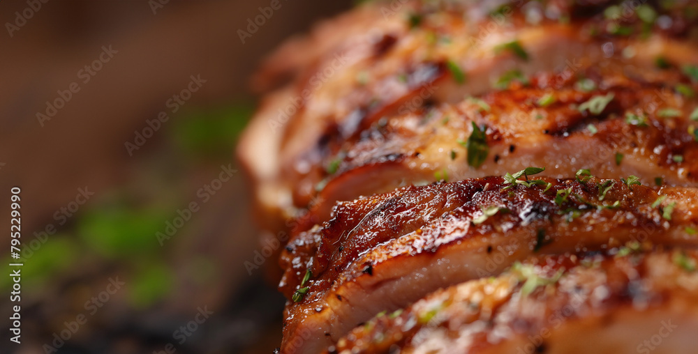 Roasted meat slices closeup. Banner