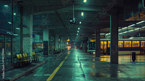 A train station at night with a yellow bench and a yellow bus