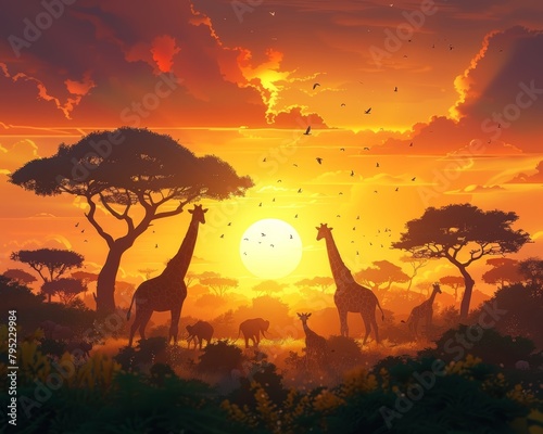 An African sunset with silhouettes of giraffes  elephants and birds.