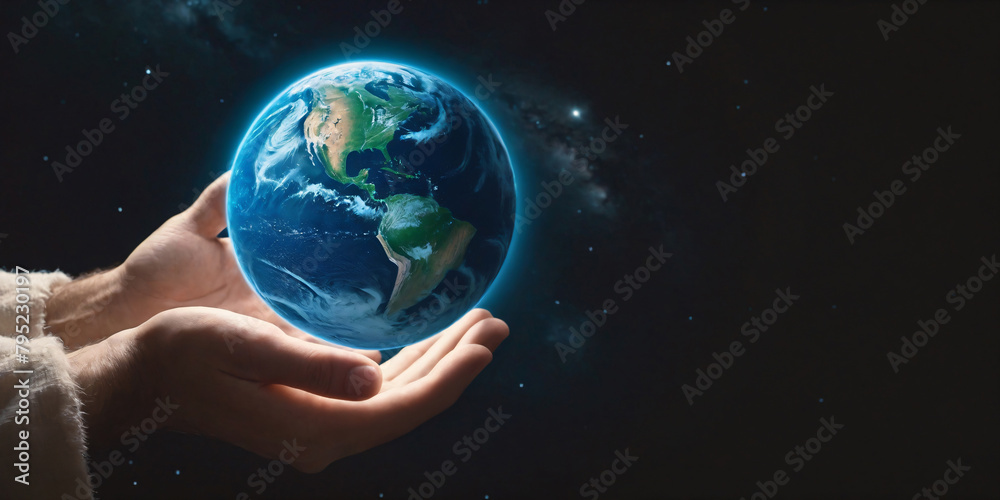 Hands gently hold planet Earth against the backdrop of outer space Hands gently hold planet Earth against the backdrop of outer space