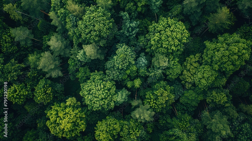 Aerial view lush green forest with trees and foliage growing in countryside. AI generated image