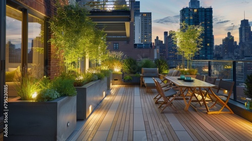 Elegant rooftop terrace with modern outdoor furniture and skyline view at dusk
