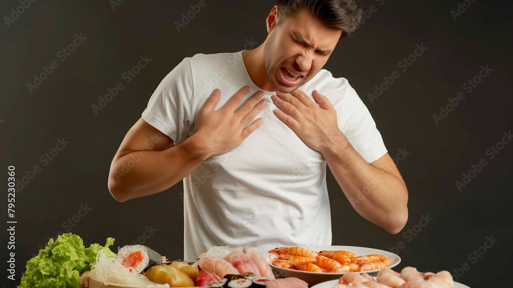 Illustrating Meal Consequences: Man Showing Chest Discomfort with Seafood Present Illustrating Meal Consequences: Man Showing Chest Discomfort with Seafood Present