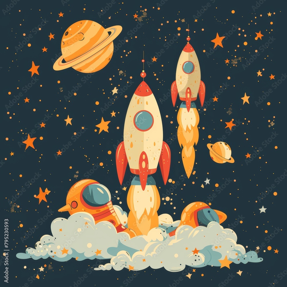A cartoon rocket ship launching into space with a planet and stars in the background. A cartoon rocket ship launching into space with a planet and stars in the background.