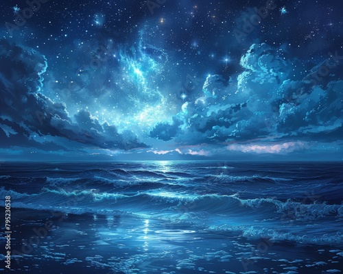 A beautiful painting of a starry night over the ocean. The water is calm and still, and the stars are reflected in the water. The sky is dark blue, and the stars are white. The painting is peaceful an