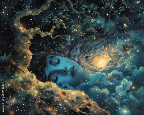 A beautiful painting of a woman sleeping in a surreal dreamscape.