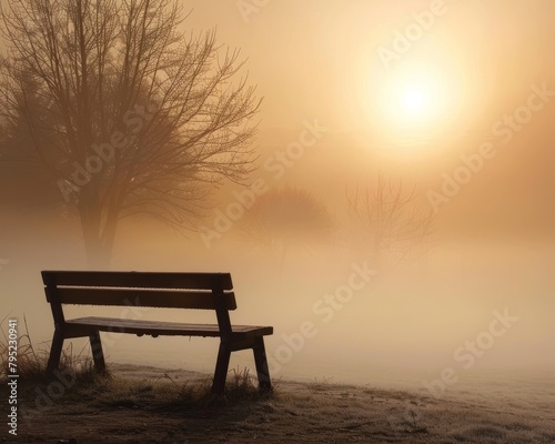 Wooden bench in the middle of a foggy field at sunrise.