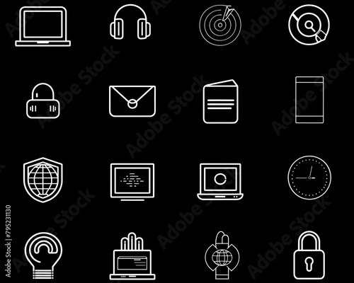 A set of outline icons on a black background