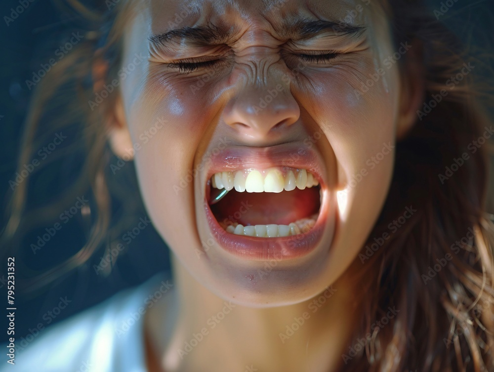 a woman screaming with her eyes closed a woman screaming with her eyes closed