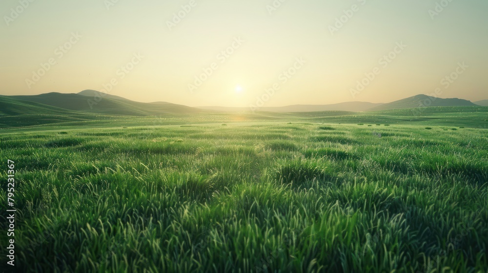 Beautiful fresh green field at dawn landscape view. AI generated image