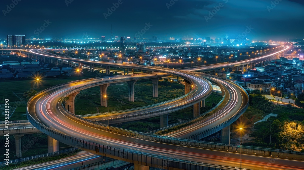 Aerial view of curvy city highway overpass with beautiful lights at night scene. AI generated image