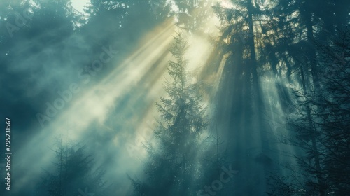 Panoramic mystic atmosphere of natural foggy fir forest spruce trees with sunbeams. AI generated photo