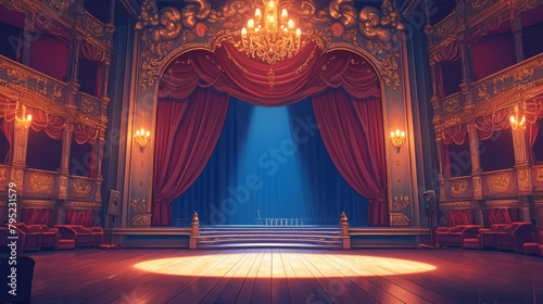 A vintage-style background in a theater, featuring ornate decorations, red velvet curtains