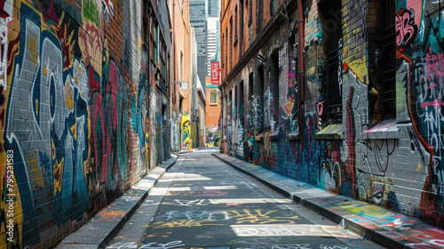 A graffiti covered alleyway with a sun shining down on it © Art AI Gallery