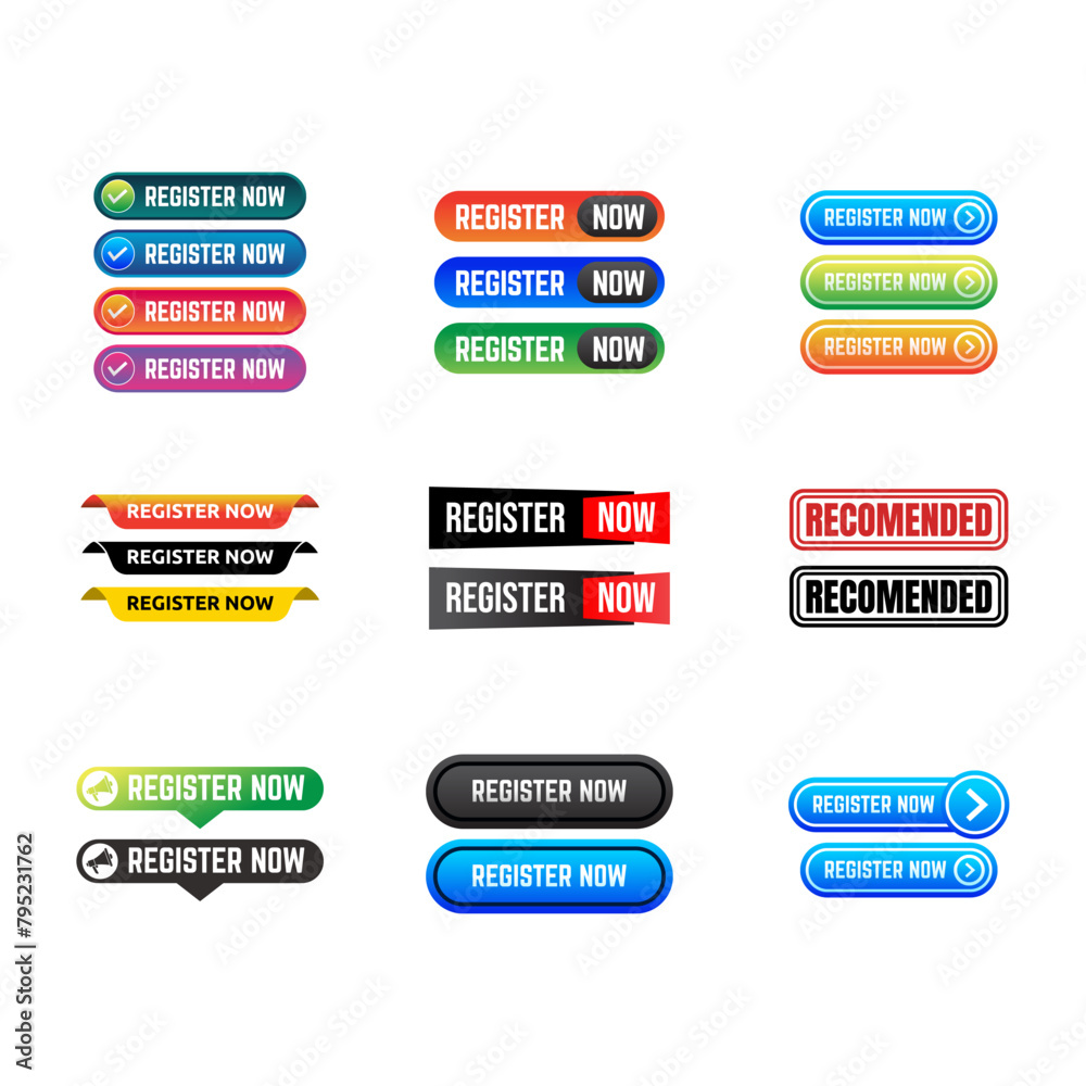 Set of label With Megaphone And Text Register Now. Set of label With Megaphone And Text Register Now.