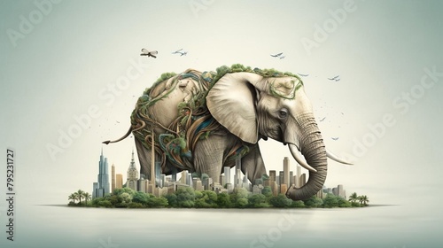 Conceptual illustration of an elephant carrying a small city on its back, set against a clean background to focus on the cultural narrative intertwined with nature