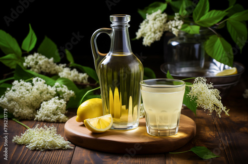 Glass of homemade elderflower cordial with bottle of syrup, fresh flowers and lemon slices on dark wooden table. Horizontal, side view.