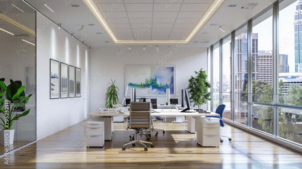A large open office space with a view of the city