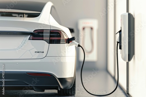 electric car charging process in white garage, closeup, environmentally friendly vehicle