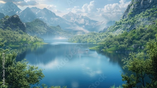 A tranquil lake nestled amidst verdant valleys, where the still waters reflect the azure sky and verdant trees, creating a sense of serenity. photo