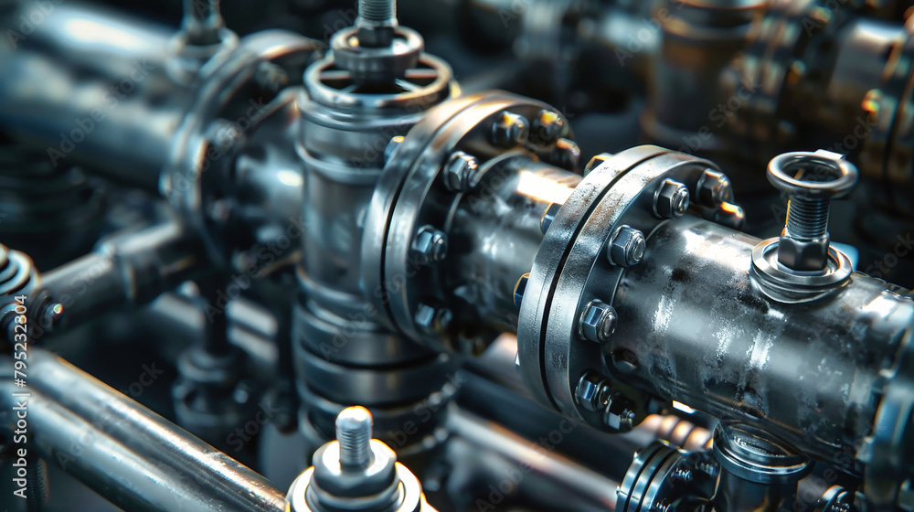 A close up view of a complex network of metal pipes and valves forming an intricate industrial pipeline system A close up view of a complex network of metal pipes and valves forming an intricate industrial pipeline system