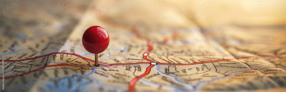 Adventure, discovery find your way. Location marking with a pin on a map with routes Adventure, discovery find your way. Location marking with a pin on a map with routes