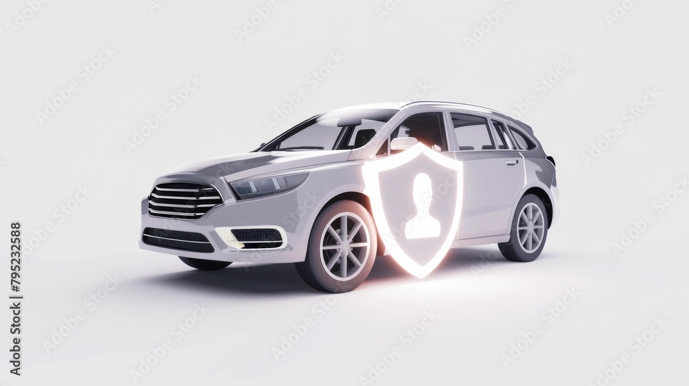 Car Side Profile with Glowing Shield Emblem in a Bright Room - Safety Auto Insurance. Car Side Profile with Glowing Shield Emblem in a Bright Room - Safety Auto Insurance.