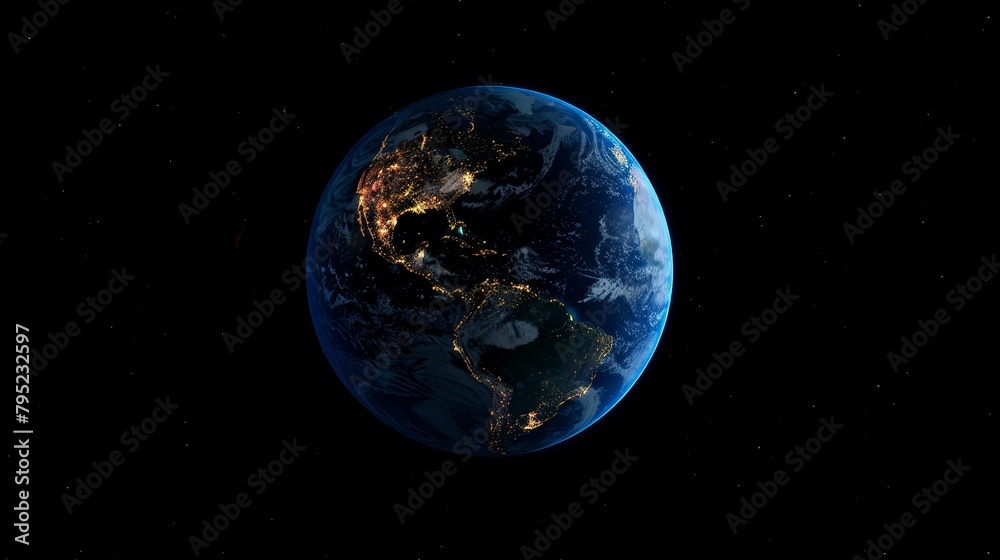 Planet Earth from space at night, showcasing the bright city lights of the Americas and the darkness of the oceans, representing global connectivity.