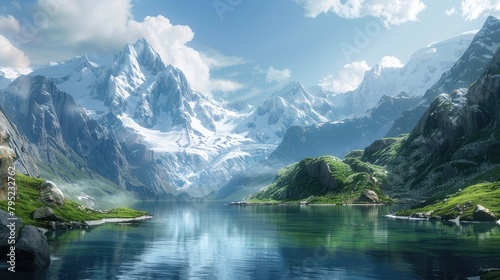 A tranquil lake nestled amidst towering mountains, its surface reflecting the snow-capped peaks in a serene and picturesque scene.