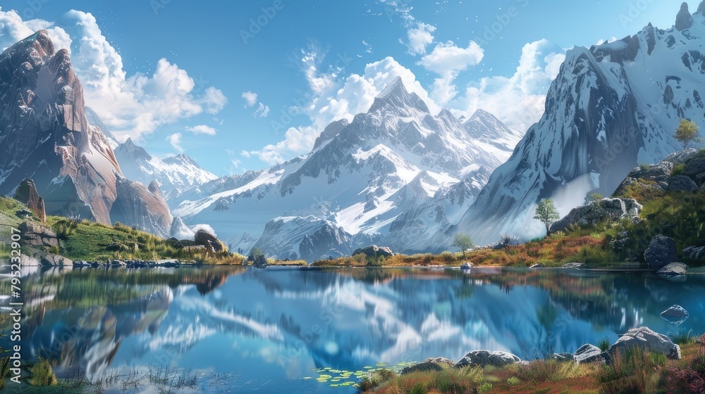 A tranquil lake nestled amidst towering mountains, its surface reflecting the snow-capped peaks in a serene and picturesque scene.