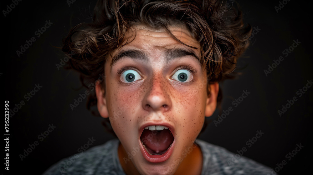A young man with a surprised expression on his face. He has a mouth wide open and his eyes are wide open. a young guy is surprised A young man with a surprised expression on his face. He has a mouth wide open and his eyes are wide open. a young guy is surprised