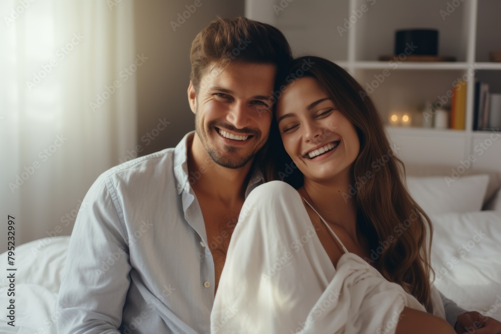 Joyful couple in bed, sharing a cozy moment, morning light. Joyful couple in bed, sharing a cozy moment, morning light.