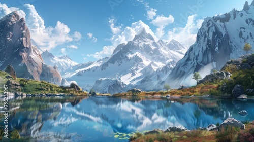 A tranquil lake nestled amidst towering mountains  its surface reflecting the snow-capped peaks in a serene and picturesque scene.