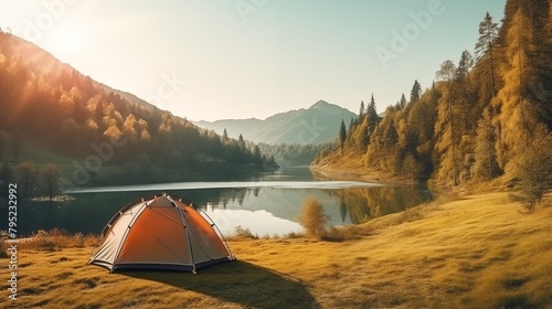 Outdoor camping photo. tent in the middle of nature, beautiful landscape. natural, protected area.