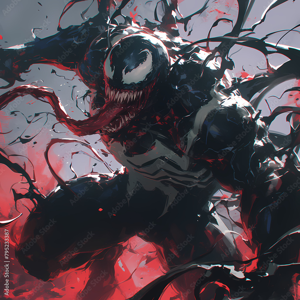 Dynamic Superhero Comic Style Illustration Featuring the Iconic Venom Character in a Surge of Red Energy