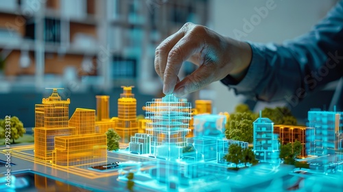 Architectural planning with a futuristic interactive 3D city model, highlighting buildings and infrastructure with a hand touching the display.