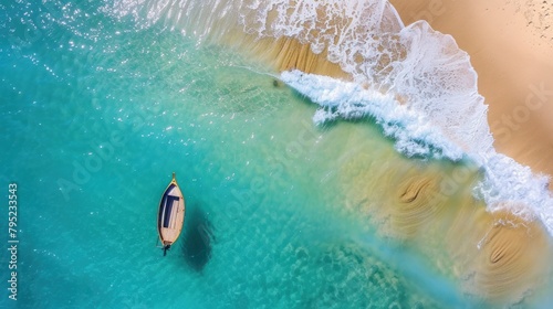 Aerial view ocean beach wave and boat on the natural summer vacation background. AI generated image