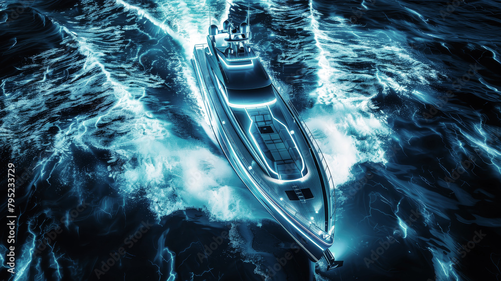 Fototapeta premium A stunningly large blue boat gracefully sails through the vast ocean, reflecting the clear sky above