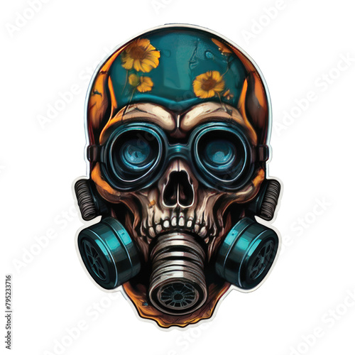 A skull wearing a gas mask
