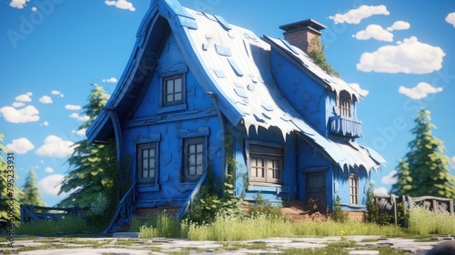 A house with a blue roof and a blue roof