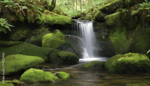 A gentle waterfall trickling over moss covered roc upscaled 3