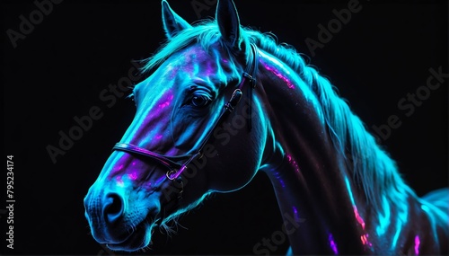 holographic glowing portrait of horse on black dark background from Generative AI