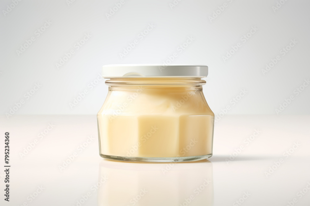 Jar of creamy product on white, simplicity, natural skincare. Jar of creamy product on white, simplicity, natural skincare.