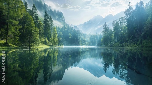 A tranquil lake nestled among towering trees, where the still waters mirror the beauty of the surrounding forest, creating a serene and picturesque scene. photo