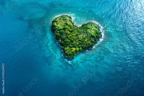 An aerial photograph of Heart Island, with its heart-shaped outline contrasting against the deep blue ocean. © Eun Woo Ai