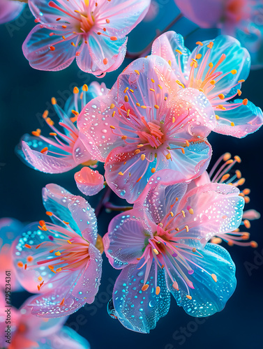 Delicate blue, pink flowers on dark background
