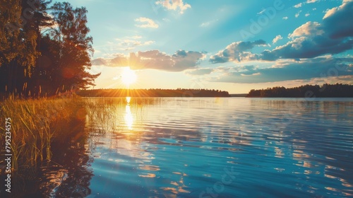 Beautiful nature landscape of sunset at coast lake water reflection. AI generated image