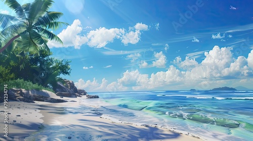 Serene Tropical Paradise - Sandy Beach, Crystal-clear Water, and Palm Trees